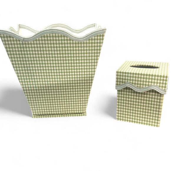 Green & White Upholstered Waste Paper Basket Tissue Box Set, Legacy Homes - Picture 1 of 7